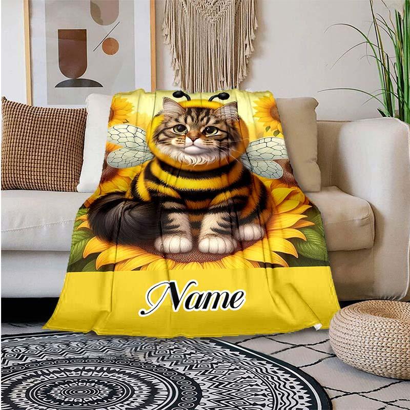 Bee Cat Customize Your Name Blanket Used For Chair Office Sofa Bed Camping Soft And Warm Giving Friends And Relatives Birthday Graduation Gift