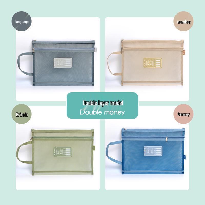 Double-layer A4 Zipper Mesh Bag - Transparent Student Book & Test Paper Storage Double Layer