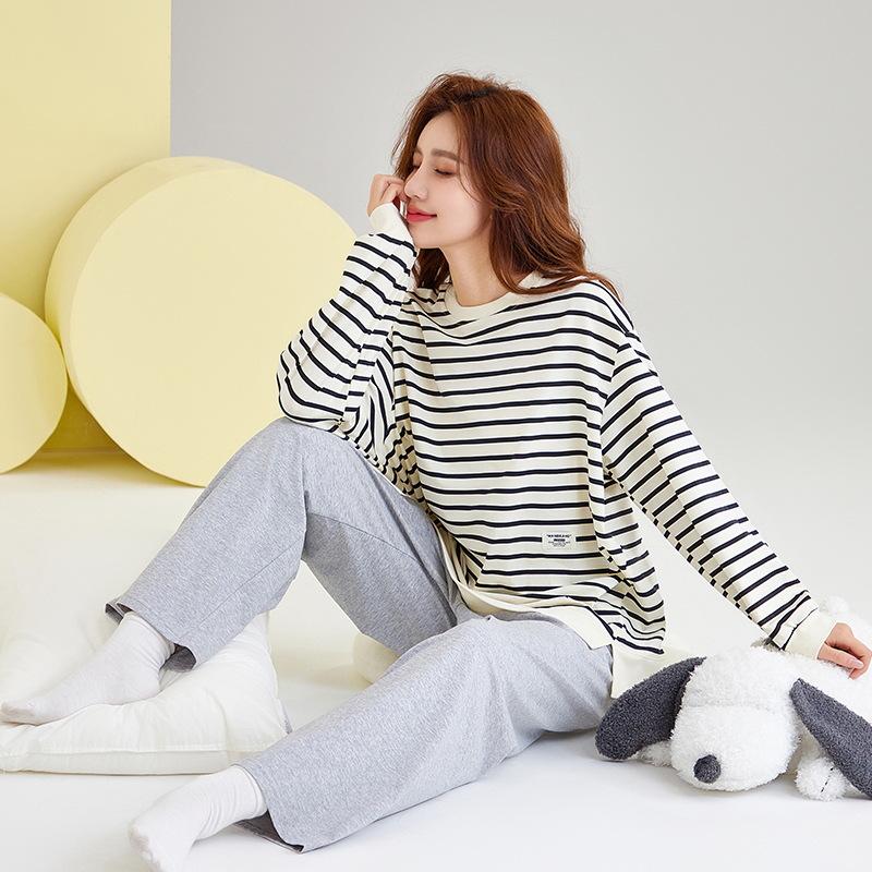 2025 Women's 100% Cotton Pajamas, Round Neck Long Sleeve Pullover, Casual Autumn/Spring Homewear Set