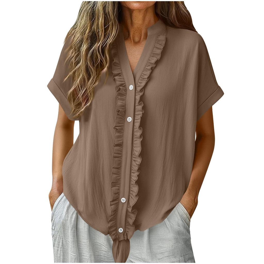 Women's Casual Short-Sleeve Cotton Linen Ruffled Button-Up Shirt
