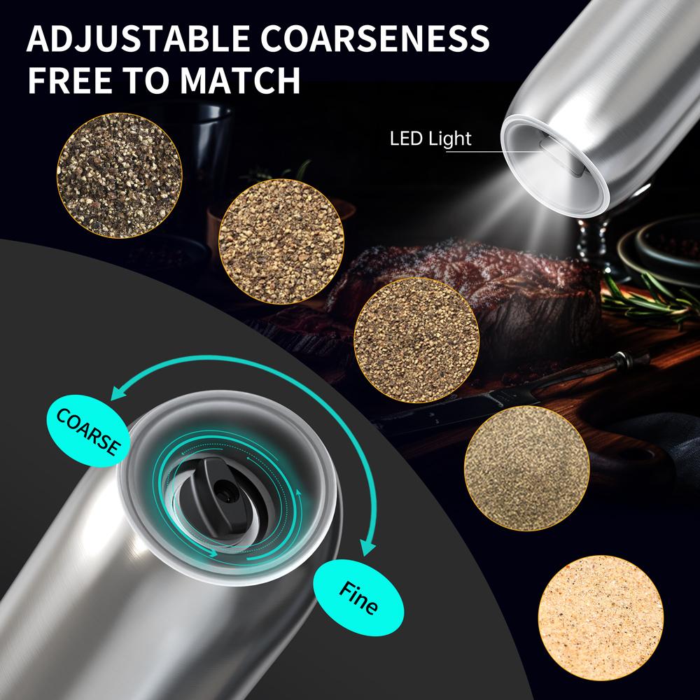 New Upgraded Larger Capacity Electric Salt and Pepper Grinder Set 176ml Stainless Steels Automatic Pepper Mill with LED light