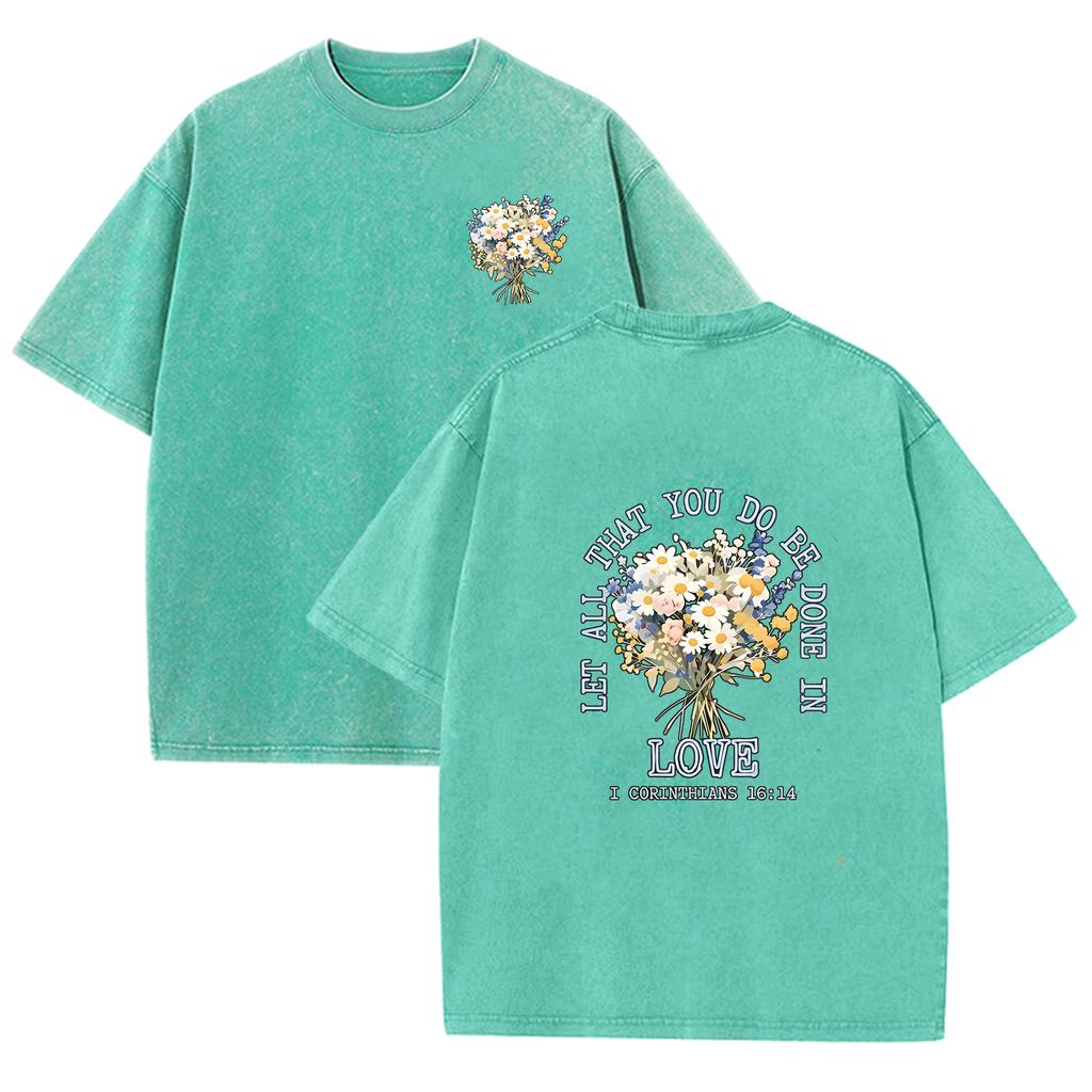 Men Women Vintage Washed Floral T-Shirt Boho Flower Bouquet Letter Graphic Crew Neck Short Sleeve Shirt Top