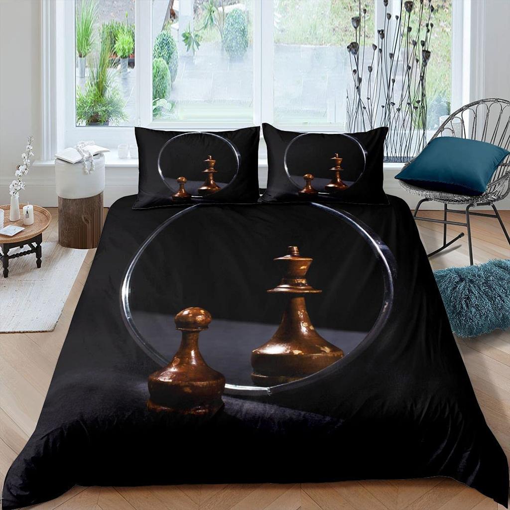 International Chess Duvet Cover Set Queen Size Chess Lovers Bedding Set for Boys Adults Microfiber Black Base 2/3pcs Quilt Cover