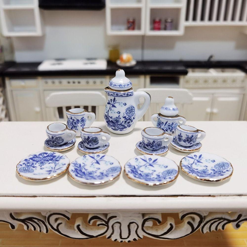 15Pcs Doll House Tableware Kitchen Dollhouse Teapot 1:12 Miniature Porcelain Tea Cup Set Dollhouse