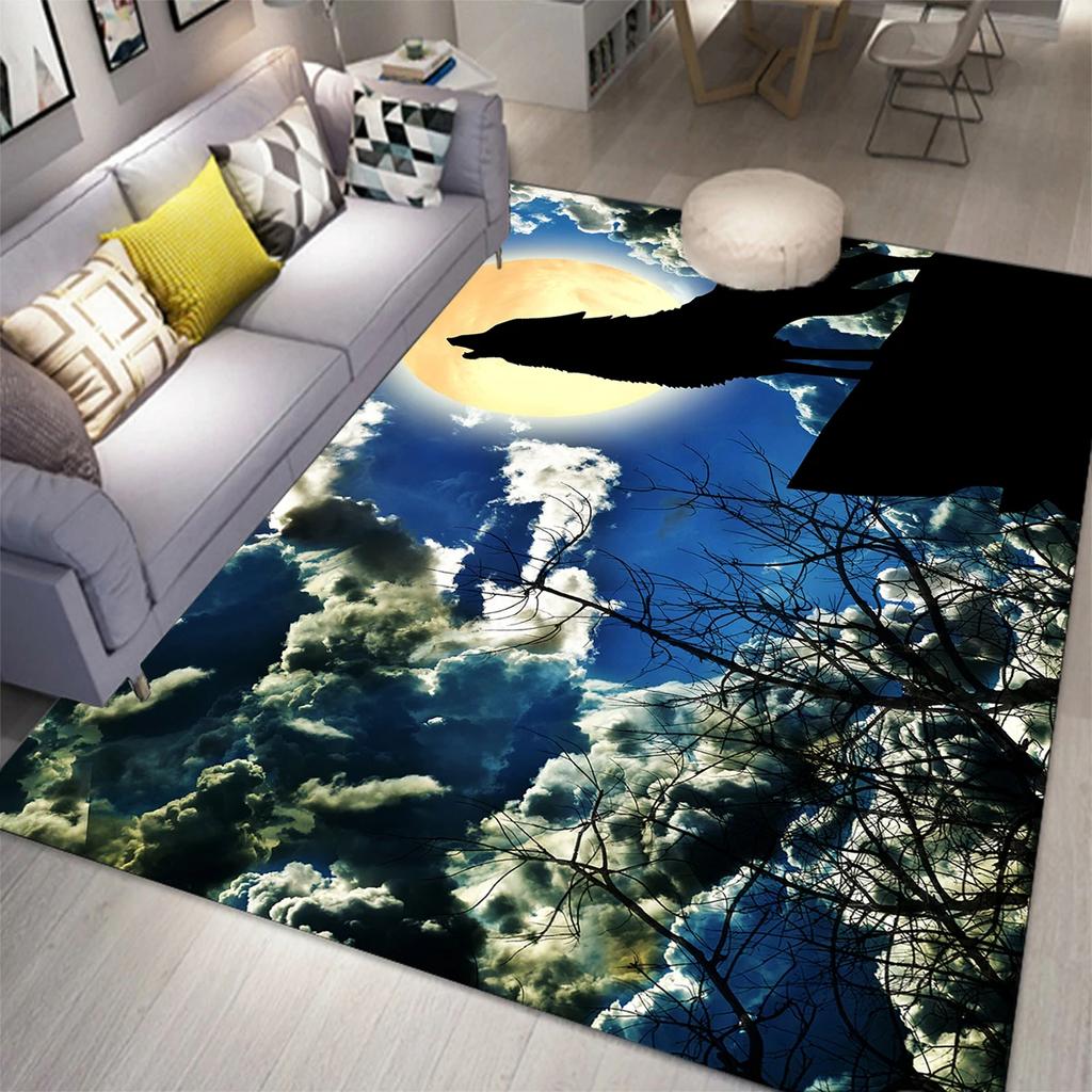 Wolf Carpet Bohemian Mandala Flower Area Rug for Living Room Bathroom Laundry Room Decor Wild Animal Doormat Non-Slip Floor Mat