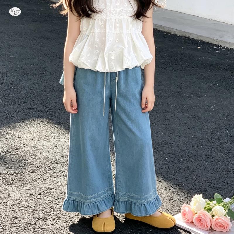 Girls' Wide Leg Tencel Jeans - Summer 2026 Korean Style Casual Cropped Pants for Junior High School Students