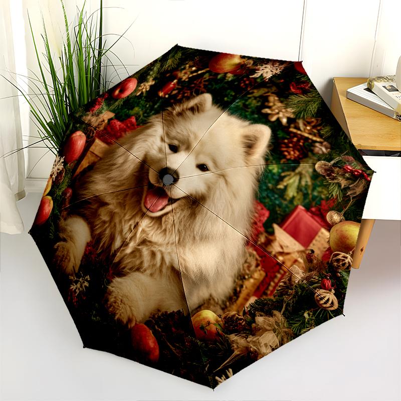 Happy Samoyed Pattern, Automatic Folding Umbrella, Portable and Foldable Design, 8 Ribs, a Christmas or Birthday Gift.