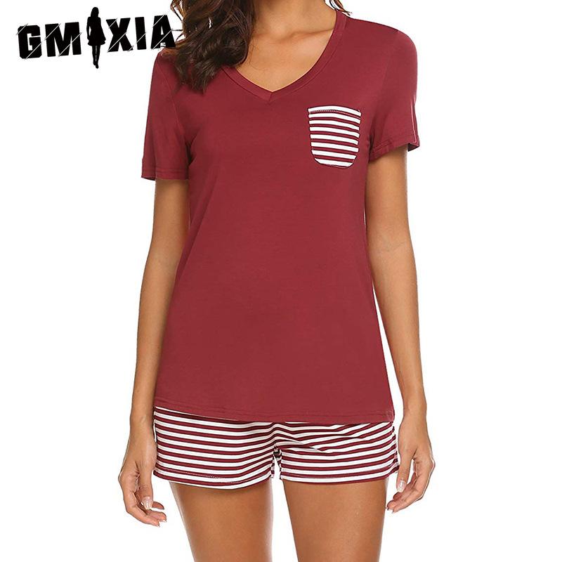 GMXIA Spring and Summer Pajamas Striped V-neck Short-sleeved Shorts Two-piece Suit Loungewear