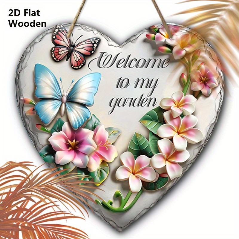 

Wooden Welcome Sign with Heart-shaped - Rustic Decorative Plaque with Butterflies & Flowers Pattern - Ideal for Lawn, Cottage Decorations 20cm/7.87in розовый