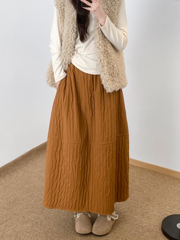 Women's High-Waisted Textured A-Line Mid-Length Skirt - Autumn/Winter Retro Pumpkin Fluffy Design