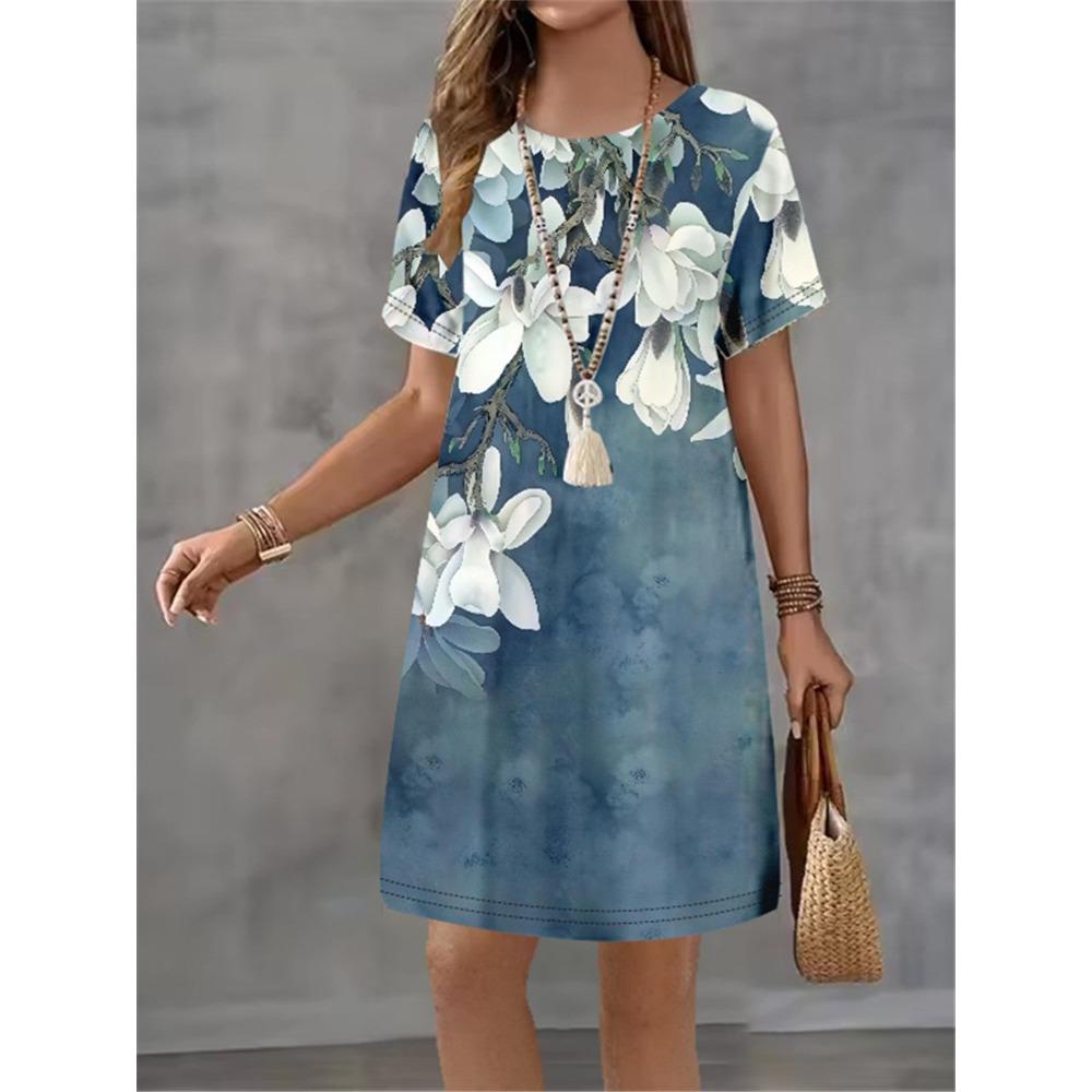 Women's Summer Short Seeved Round Neck Casual Mini Dress Vintage 3D Imitation Denim Printed Dress Elegant Women's Dress Vestidos
