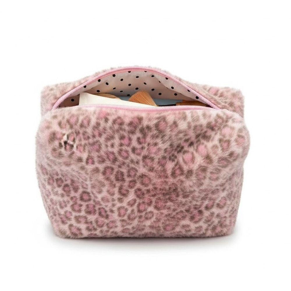 Durable Fuzzy Makeup Bag Leopard Print Large Capacity Toiletry Organizer Portable Cosmetic Bag Girls
