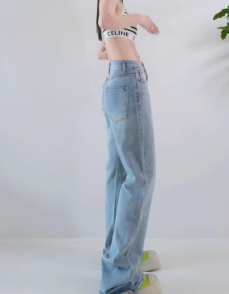 Women's High Waist Ripped Straight-Leg Jeans - Light Blue, Spring/Autumn 2024, Floor-Length, Slimming Fit