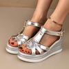 Fashion Fashion Silver Cross Strap Gladiator Sandals Women Summer Round Toe Wedge Heel Back Strap Sandals Chunky Platform Beach Shoes