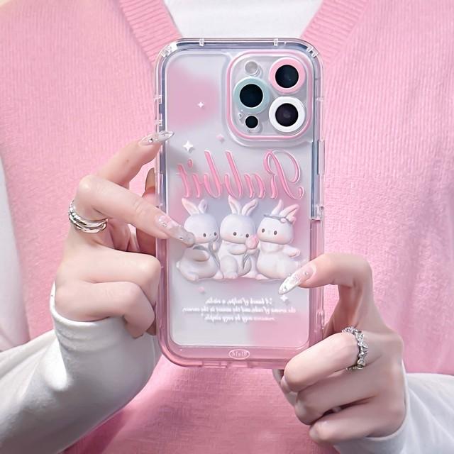 

Ins Rabbit Shell Fundas для Iphone 13 12 11 Promax 14 Pro Max Мягкий силиконовый кролик с розовыми звездами и подставкой-держателем чехол для телефона Капа For iphone 12pro