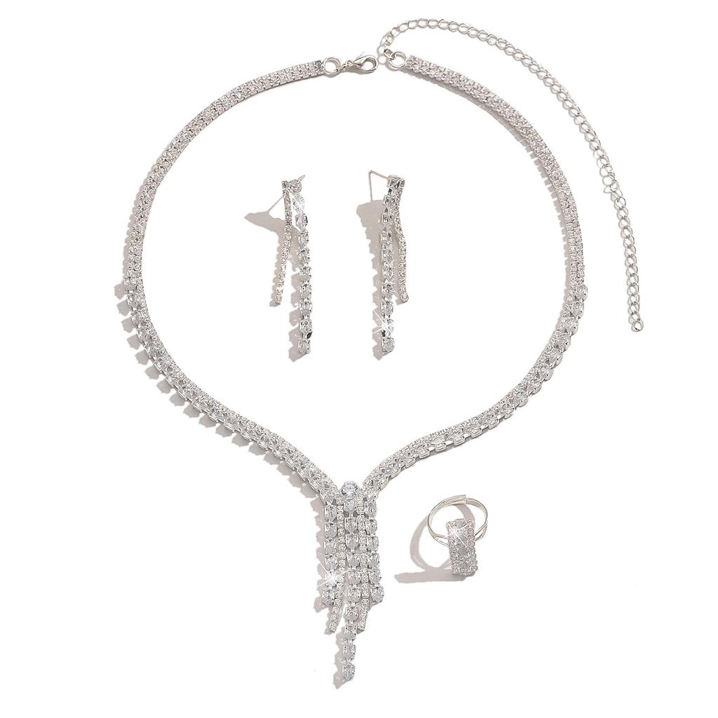 3-teiliges Modeschmuck-Set für Damen, Halskette mit Zirkon-Quaste, Ohrringe, Ringe, Zirkon-Set, Einfach für Hochzeit, Party, Festival-Geschenk-8572