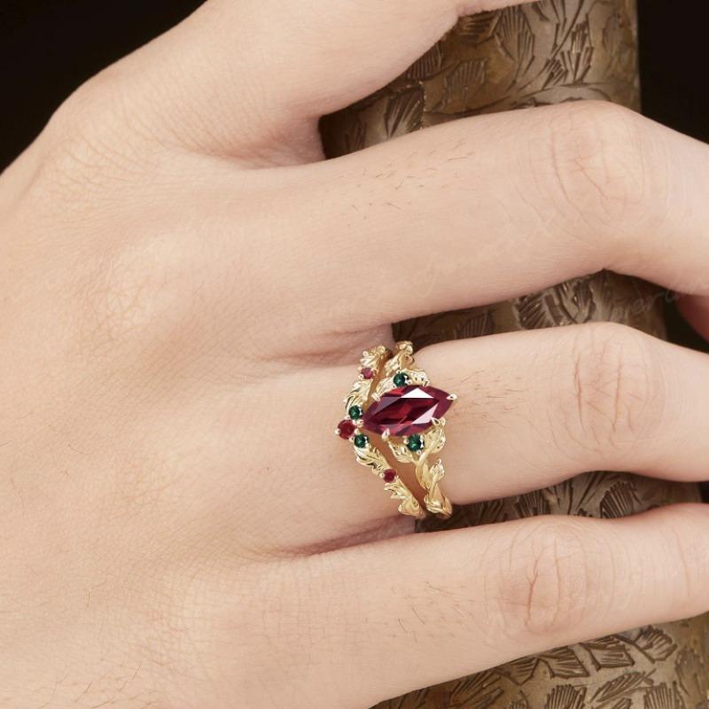 Court Style Red Horse Eye Zircon Ring Gold-plated Inlaid Colored Diamond Pair Ring, Branch Set Ring Female