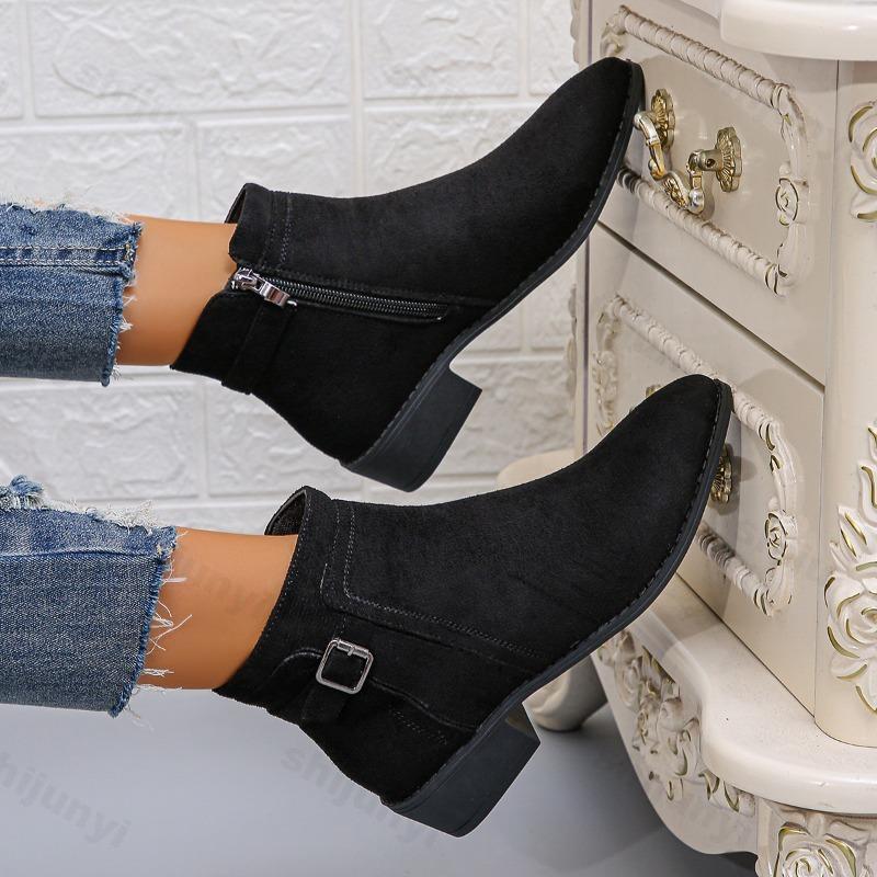 Women's Chelsea Boots 2026 Autumn Belt Buckle Leopard Print Pointed Toe Thick Heel Retro Women Short Boots Large Size 36-43