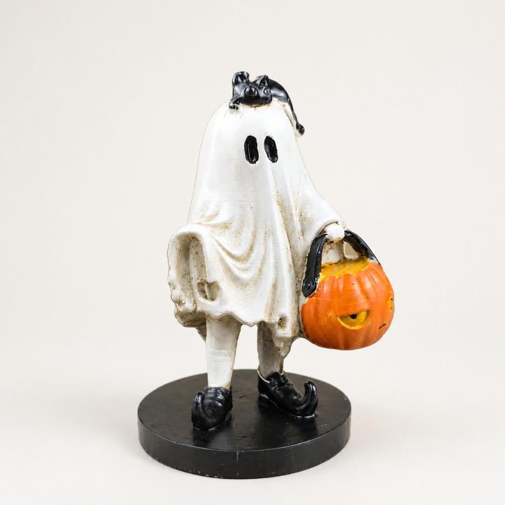 Halloween Ghost Figurine with Pumpkin Basket Resin Sculpted Decor for Shelf Display