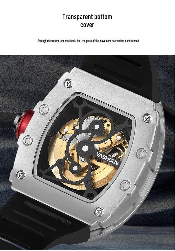 YASHIDUN Trendy Wine Barrel Skeleton Waterproof Luminous Silicone Strap Men's Mechanical Wristwatch