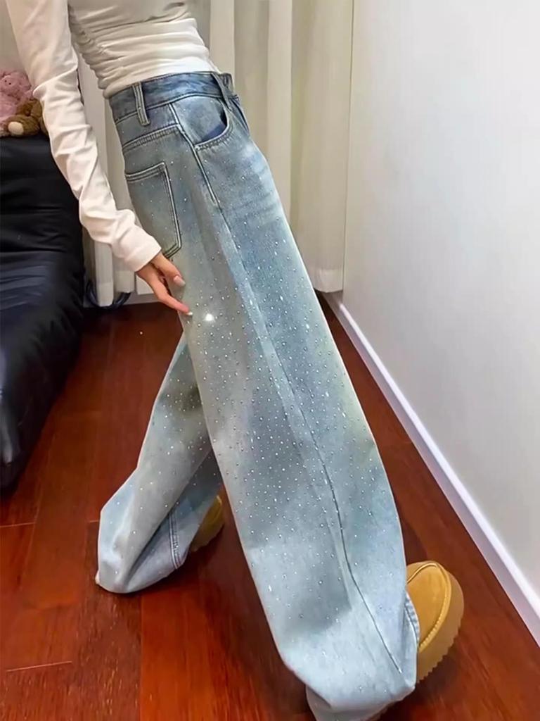Plus Size Rhinestone High Waist Straight Leg Jeans for Women - American Street Style