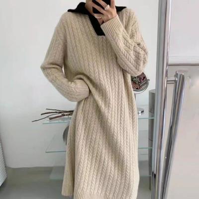 Lapel Knitted Dress Women's Autumn and Winter New Fashion Loose and Thin with Coat Inside Sweater Long Dress