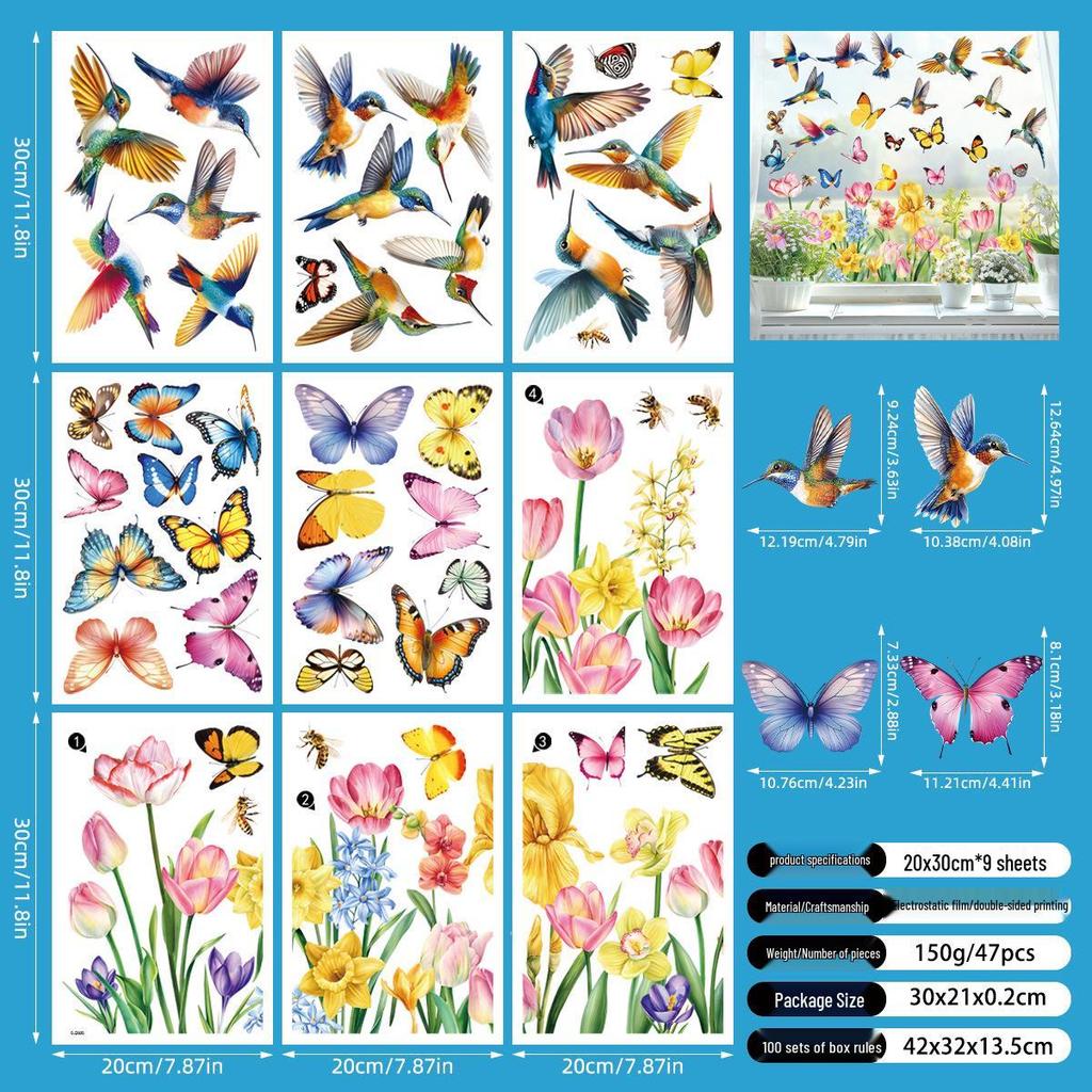 2026 Spring Window Stickers: Butterfly Flowers & Hummingbirds, Double-sided Glass Decoration for Living Room