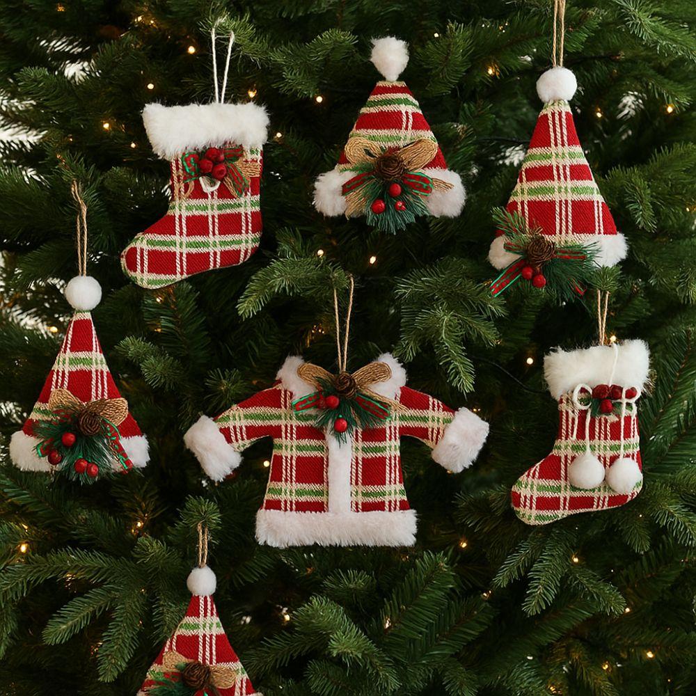 Merry Christmas Plush Christmas Tree Pendant Glove Grid Xmas Sock Hanging Ornament Clothing Christmas Decorations Shop Display