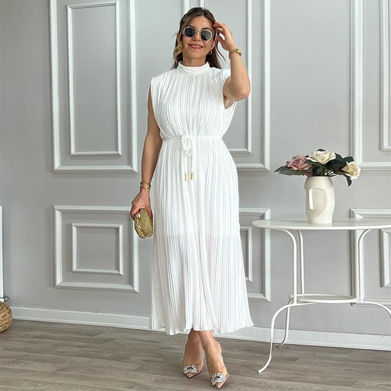 

2024 Spring/Summer Women s Semi-High Neck Tie Waist Mid-Length Dress - European & American Style Small білий