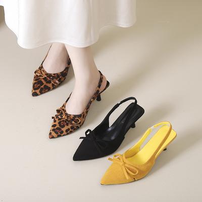 Niche High Heels Leopard Print Bag Head Sandals Fairy Shoes 2025 New Summer Temperament Pointed Bow Single Shoes