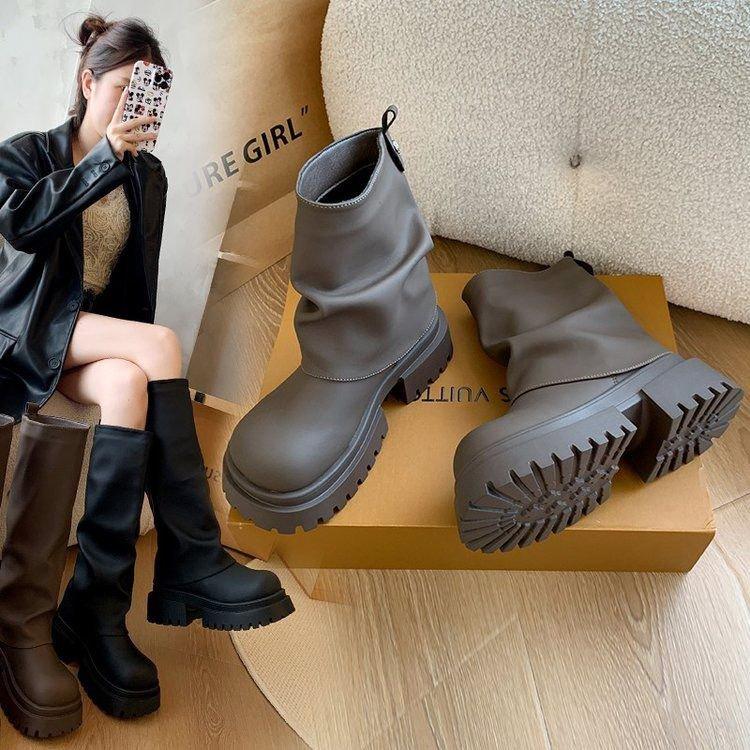 New Long Boots Women's Thick-soled High Tube Thin Summer Medium Tube Boots Stacking Boots Small Thin Boots Black
