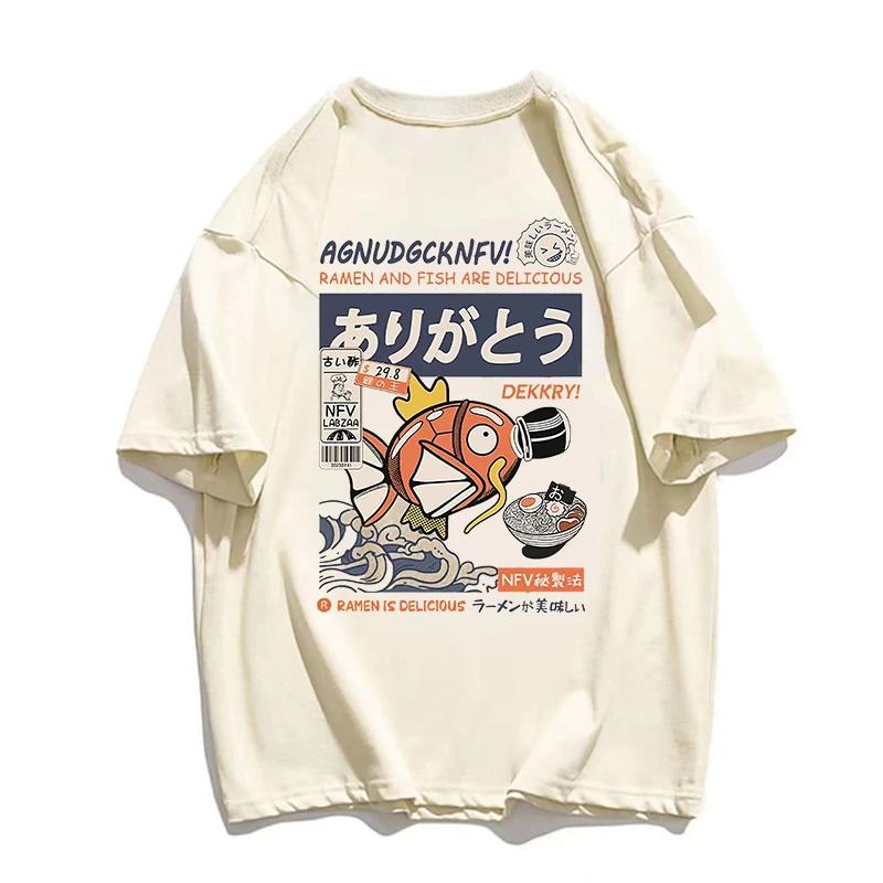 Hip Hop Streetwear Harajuku T-shirt Japanse Kanji Fish Print T-shirt  Mannen Katoen Casual Korte Mouw T-shirt Japan Stijl