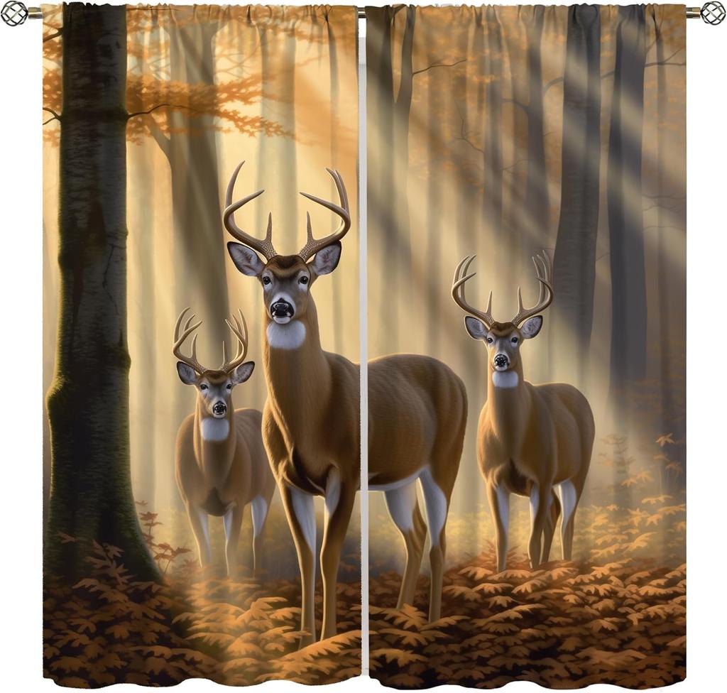 Farmhouse Deer Curtains Bedroom Vintage Rustic Fall Hunting River Cabin Elk Wildlife Window Drape Boys Girls Living Room Curtain For Sitting Polyester