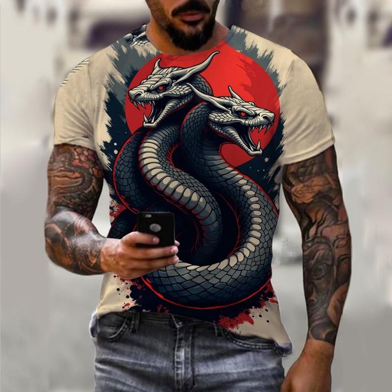 

Year Of The Snake Pattern T Shirt For Men Cool Animal 3D Printed Short Sleeve Tops Summer Casual Round Neck Loose Tee Shirts 6XL