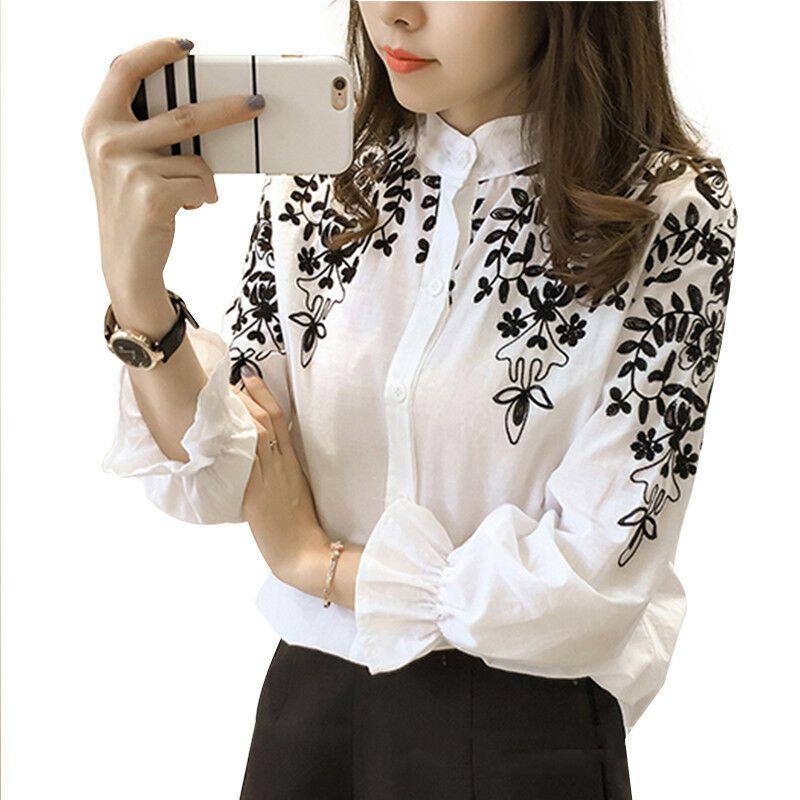 Female Long Women Sleeve Embroidery Blouse Shirt Korean Flower Tops Shirt Fresh
