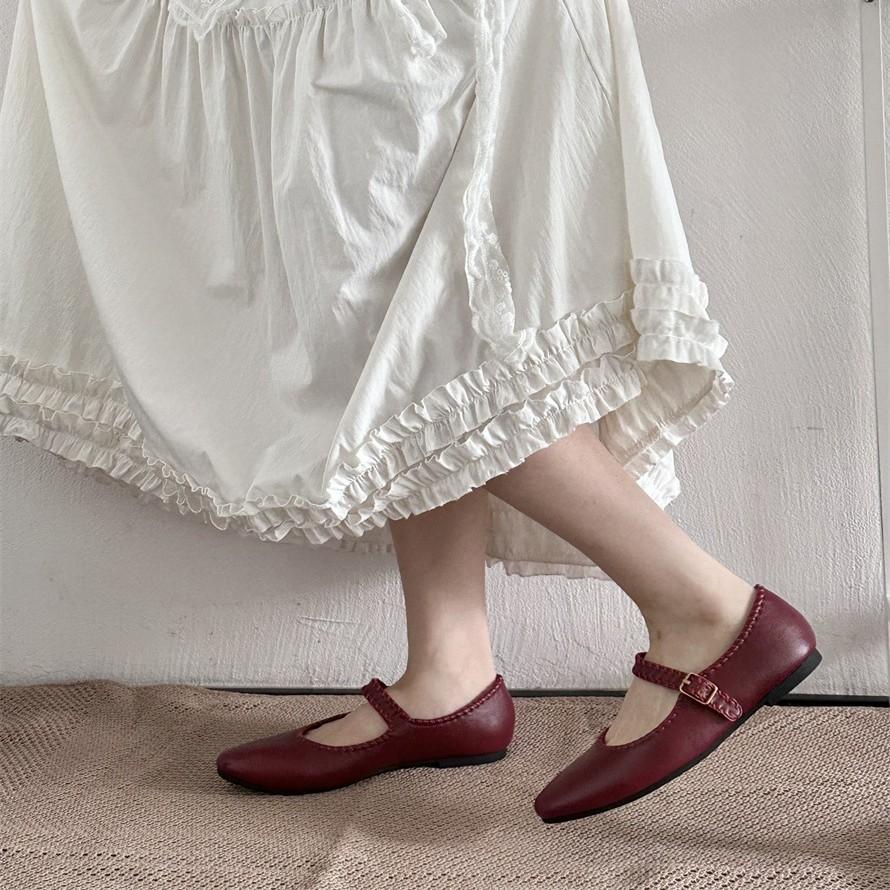 25 autumn new all-sheepskin Mary Jane single shoes round head buckle retro shallow mouth stitching ballet women's shoes