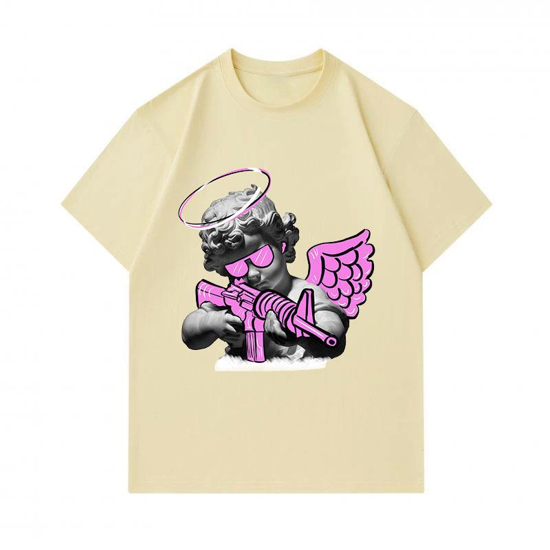 Men's 100% Cotton Crew Neck Short Sleeve T-Shirt, Cool Neon Pink Angel Cherub with Gun Printed Casual Lightweight Summer Daily Tee for Streetwear Love