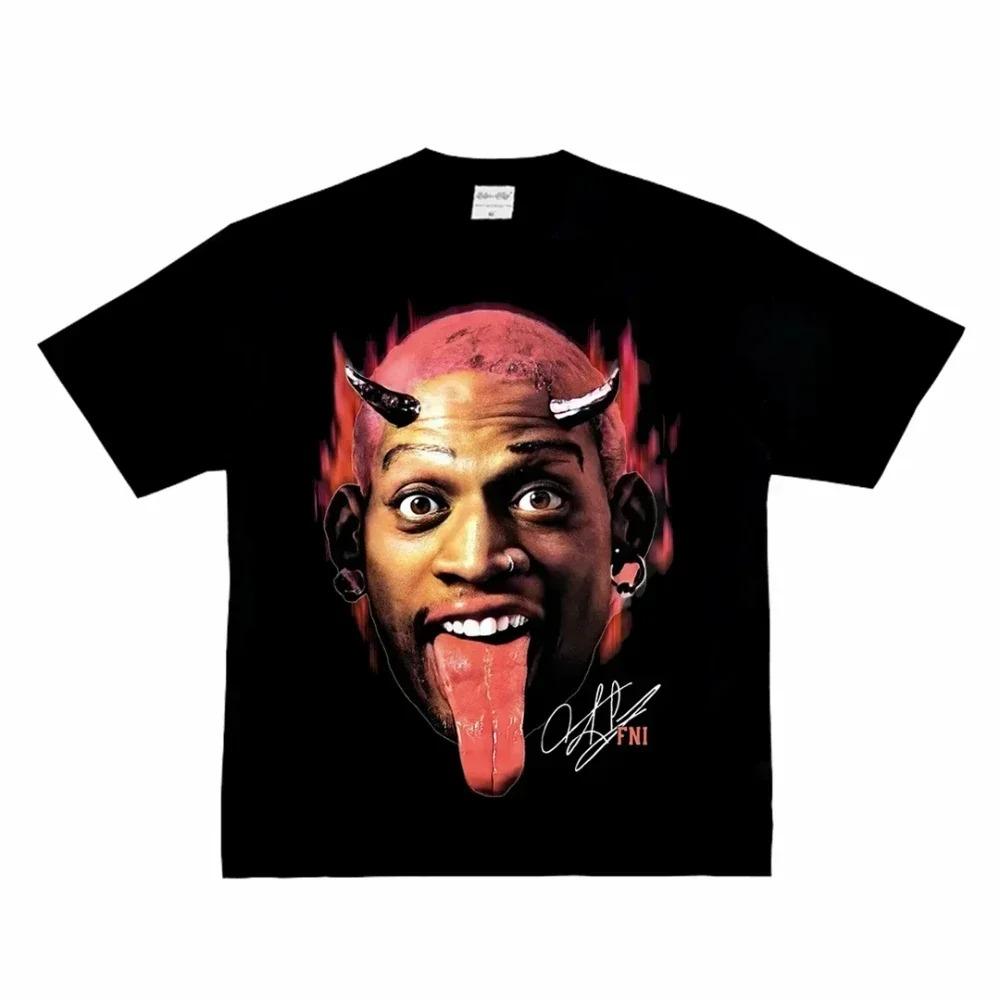 Retro Černé Dennis Rodman "The Worm" Basketbalová Hvězda Vintage Portrét Grafika Ležérní Bavlněné Tričko s Krátkým Rukávem