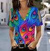 Damen V-Ausschnitt Cold Shoulder Bluse Regenbogen Abstrakt Schmetterling Ölgemälde Druck Kurzarm Top