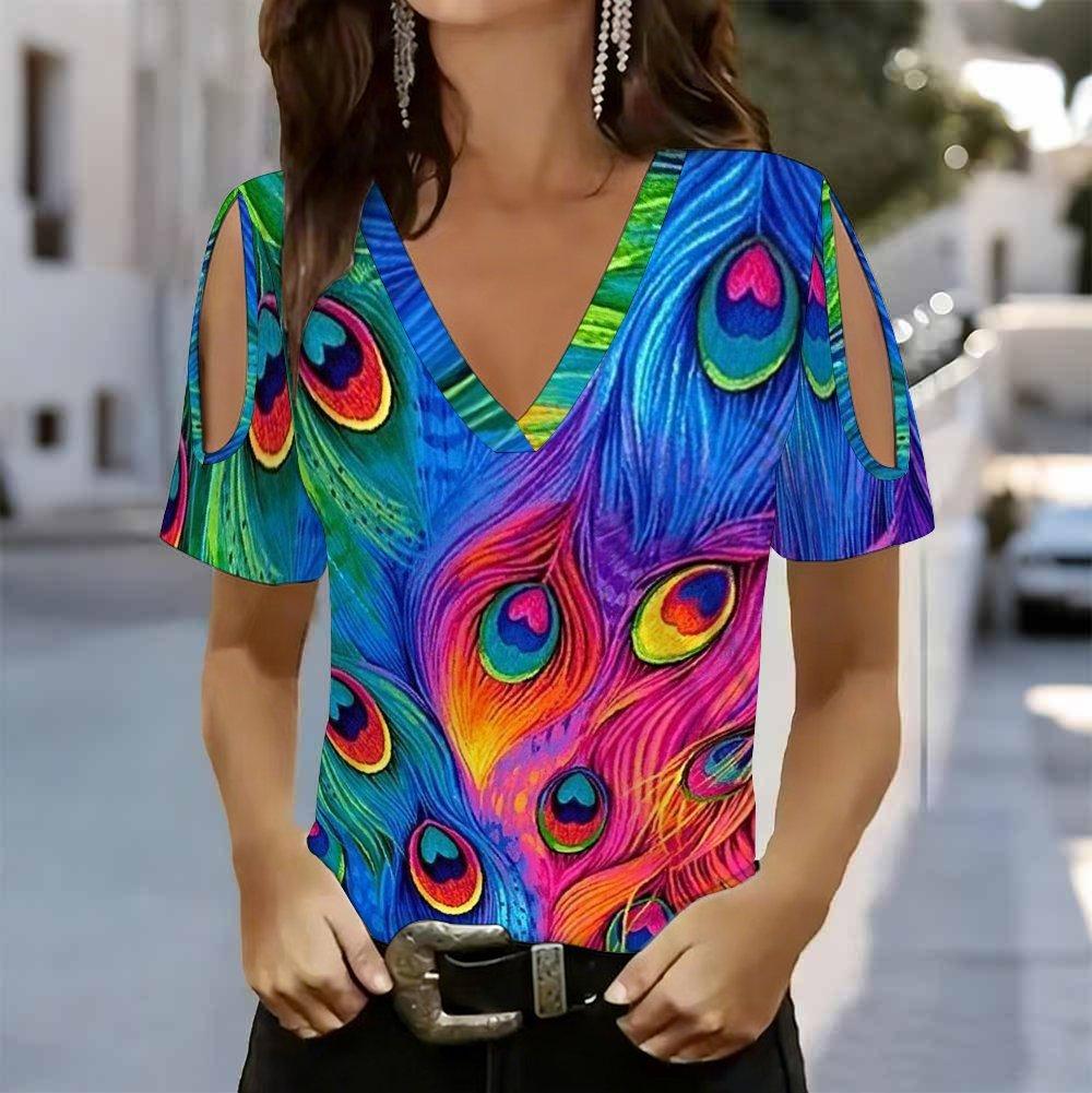 Damen V-Ausschnitt Cold Shoulder Bluse Regenbogen Abstrakt Schmetterling Ölgemälde Druck Kurzarm Top