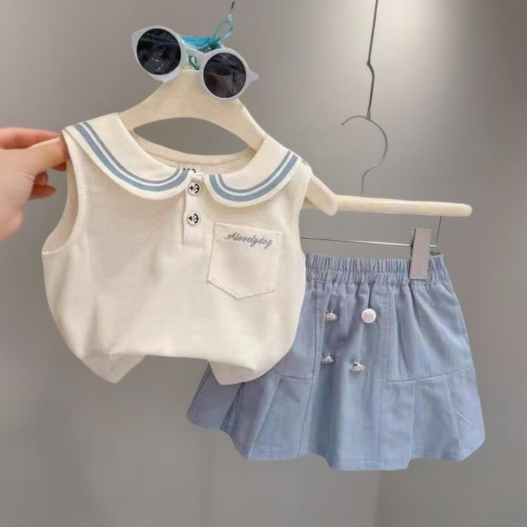 Girls Summer Preppy Sailor Collar Print Vest Set Baby Fashionable Two Piece Outfit 80