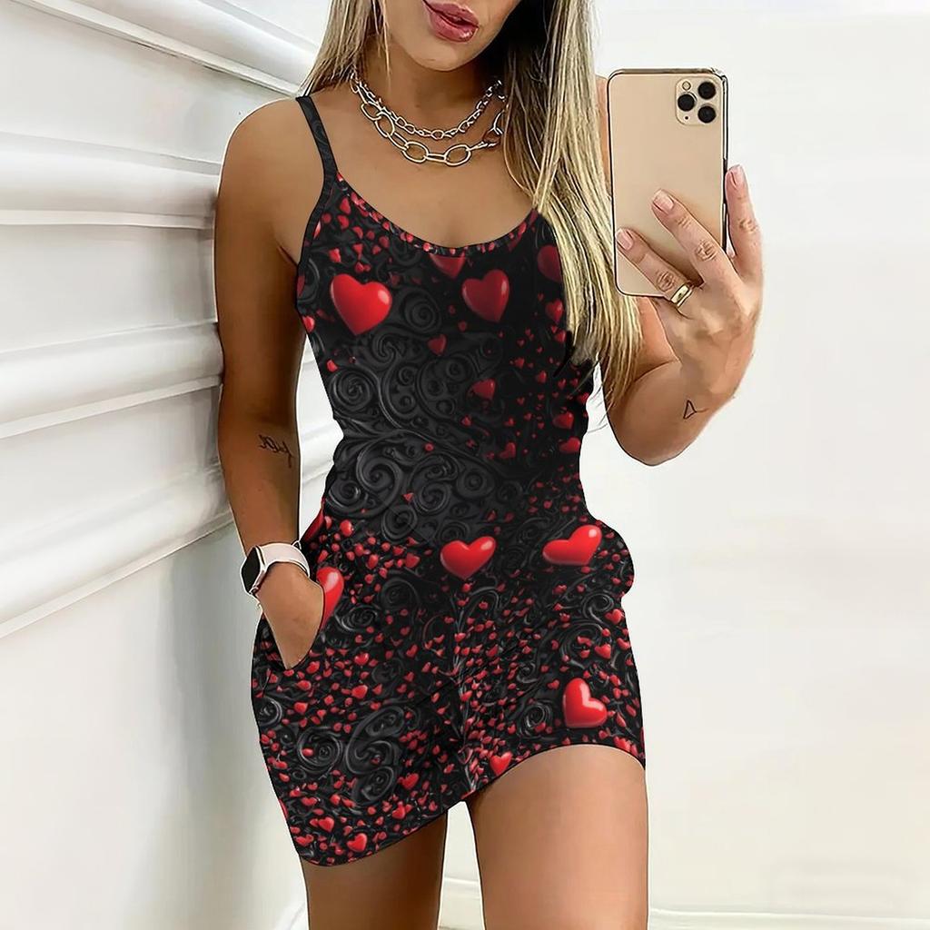 Summer New Heart Shape and Retro  Patterns  Print Sleeveless Bodycon Dress with Pockets Sexy Slim Fit Elegant Party Dress