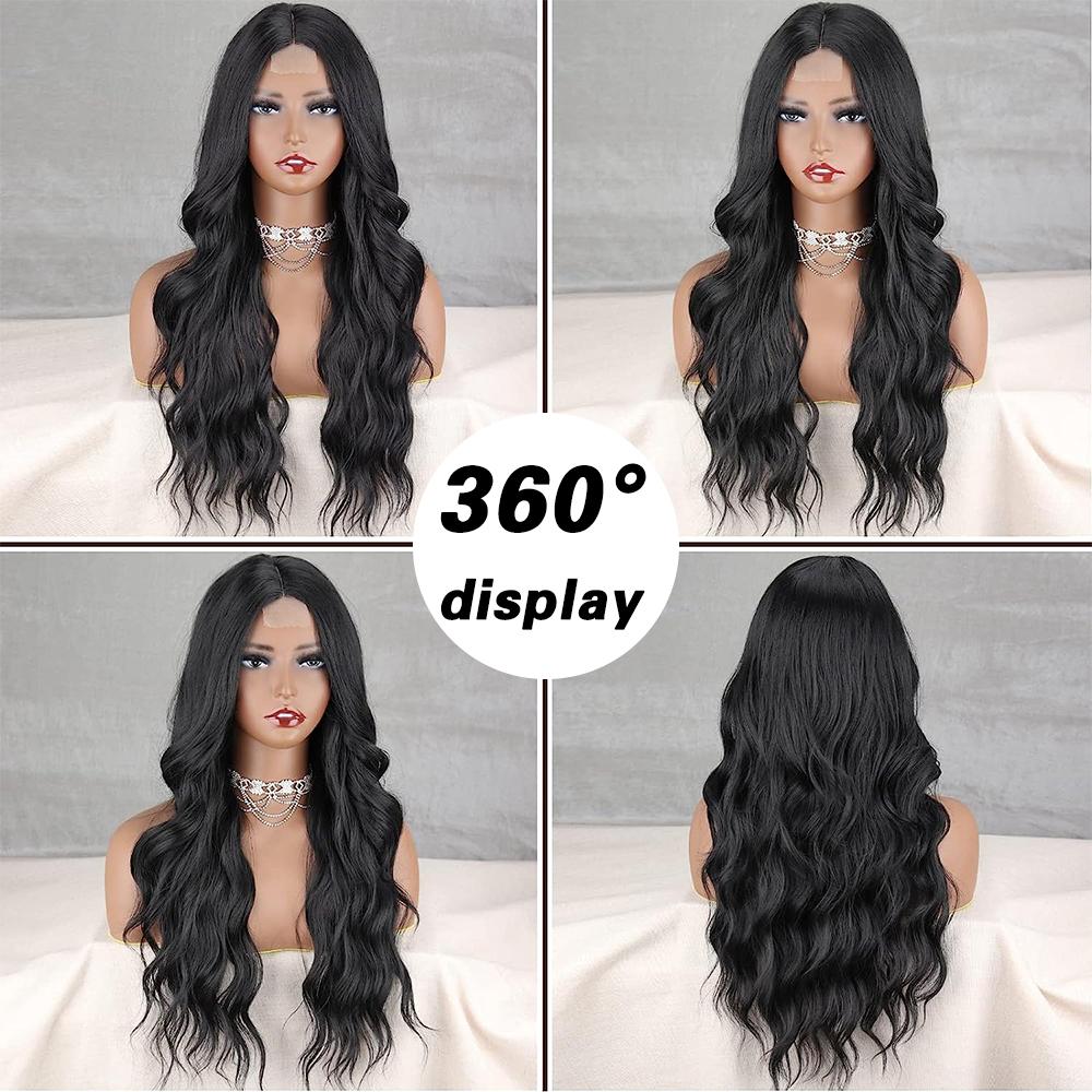 MERISIHAIR Long Black Wavy Wig for Women 26 Inch Long Curly Wig Natural Looking Synthetic Heat Resistant Fiber Black Wig for Daily Party Use