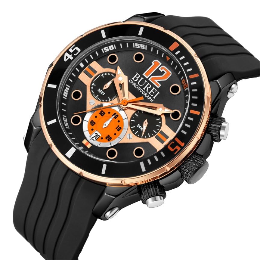[BUREI] Men's Chronograph Analog Waterproof Quartz Watch with Black Urethane Belt, Date, Gold, Men's Selection, Gift