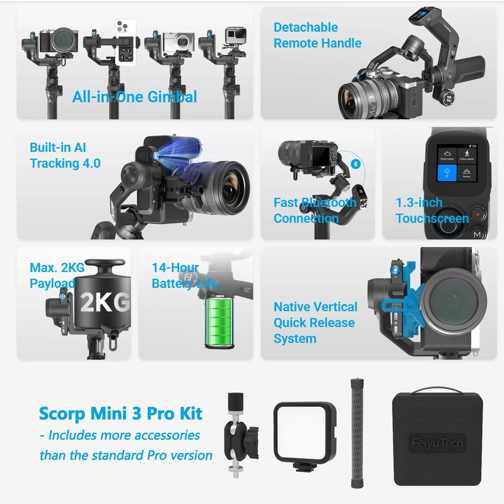 FeiyuTech SCORP Mini-3 PRO 3-Axis Gimbal Stabilizer for Cameras, 2.0kg Payload Capacity, Wide Range of Camera Compatibility, Image Stabilization, Trip