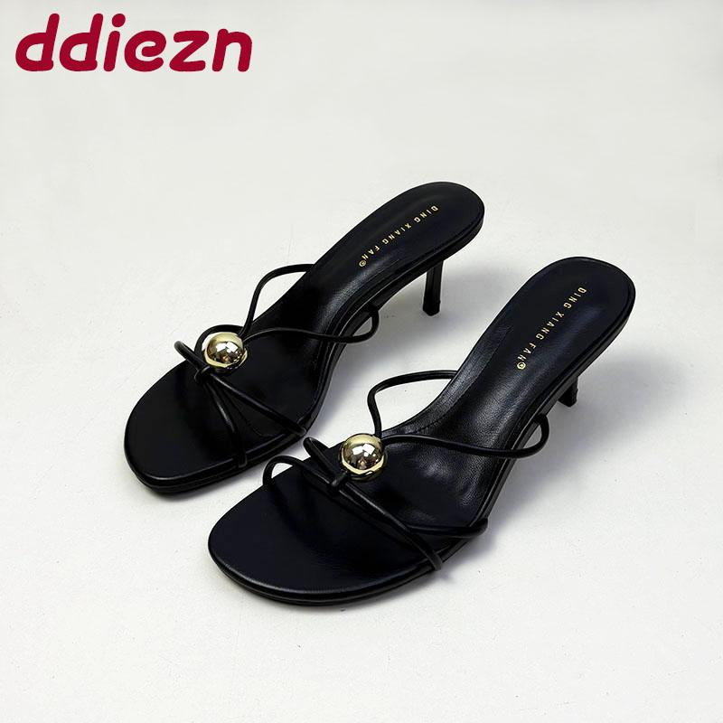 Fashion 2025 New Fashion Metal Women Thin Heels Sandals Shoes Female Round Toe Footwear Ladies Medium Heels Sandals Slides Pumps Shoes