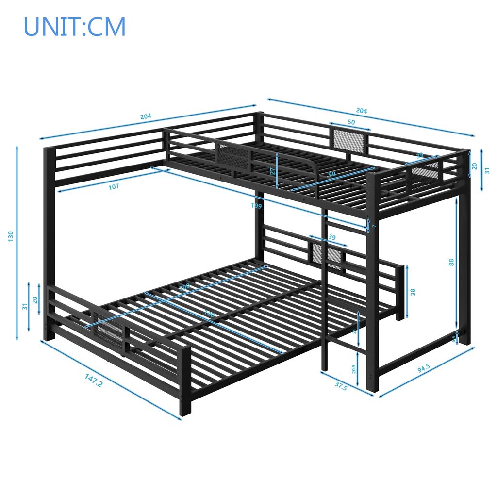L-förmiges Metall-Etagenbett 90x200 über 140x200, Schwarz