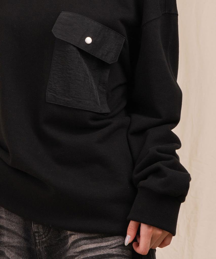 Ellamo Terry Basic Plain Square Pocket Oversized Sweatshirt [Black]
