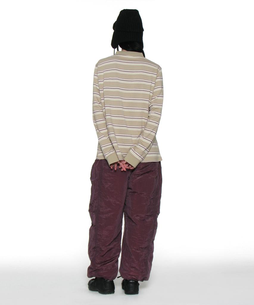 PARTIMENTO WOMEN Striped Long Sleeve Polo Tee_Dusty Beige
