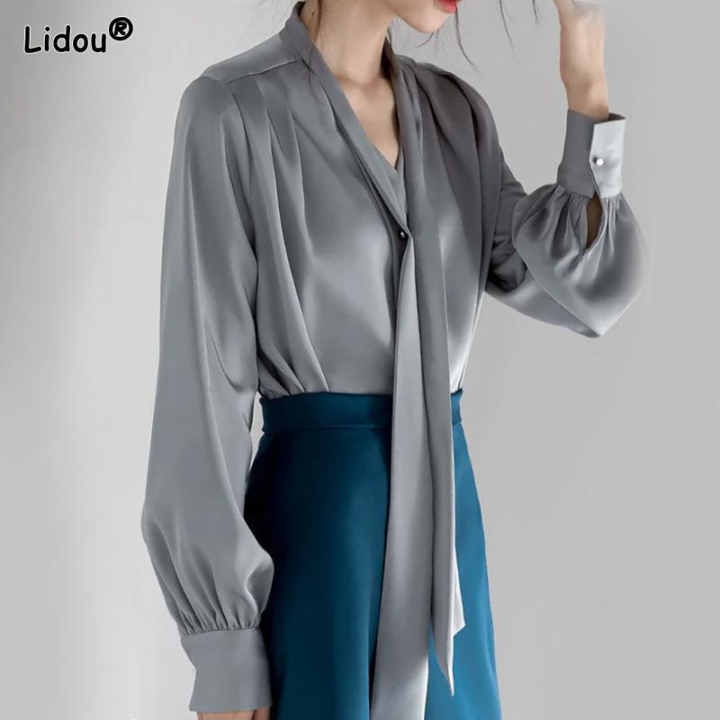 

Женский весенний корейский новый пуловер с воротником-шарфом, рубашка, повседневная мода для города, элегантный темперамент, повседневный, универсальный, топы с длинным рукавом L синий